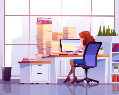 Woman working at office sitting at desk with computer and piles of paper documents front of wide floor-to-ceiling window with cityview. Workplace interior with task boards, Cartoon vector illustration